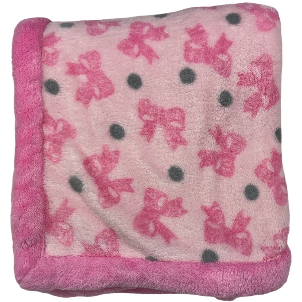 Absorba Pink Bow Gray Dot Baby Girl Blanket Lovey 28x30 Fleece Soft Security EUC